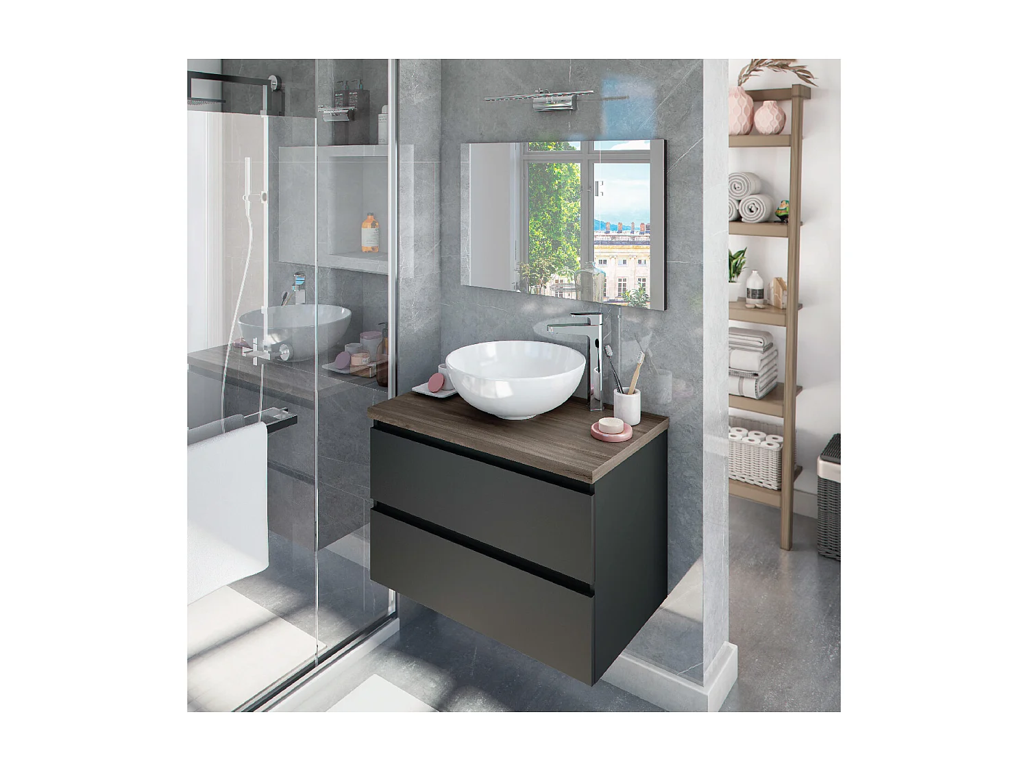 Mobile bagno 80 cm sospeso con lavabo da appoggio bacinella ceramica 2 cassetti GRIGIO ANTRACITE + OLMO 305734Z