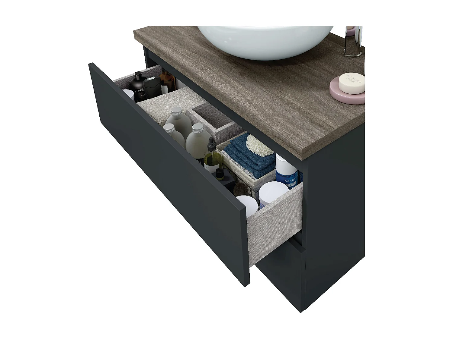 Mobile bagno 80 cm sospeso con lavabo da appoggio bacinella ceramica 2 cassetti GRIGIO ANTRACITE + OLMO 305734Z