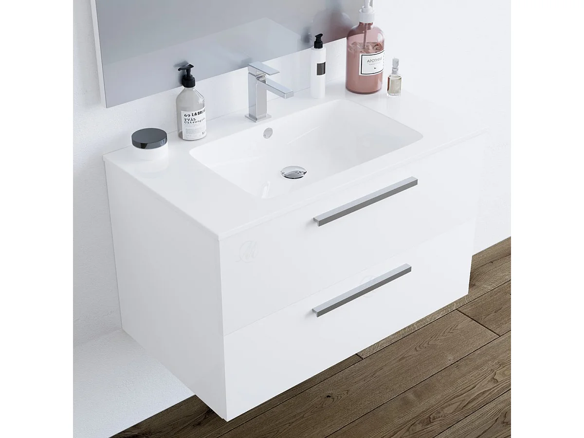 Mobile bagno sospeso Bianco da 80 cm con cassetti lavabo in ceramica, specchio Melissa 305161BO