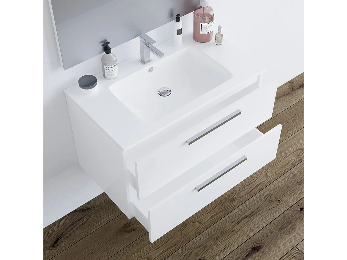 Mobile bagno sospeso Bianco da 80 cm con cassetti lavabo in ceramica, specchio Melissa 305161BO