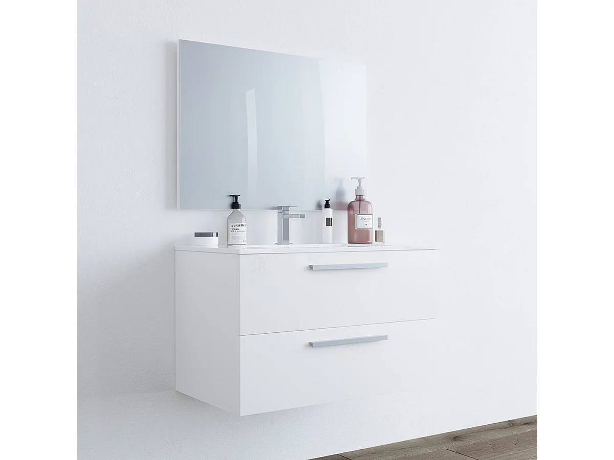 Mobile bagno sospeso Bianco da 80 cm con cassetti lavabo in ceramica, specchio Melissa 305161BO