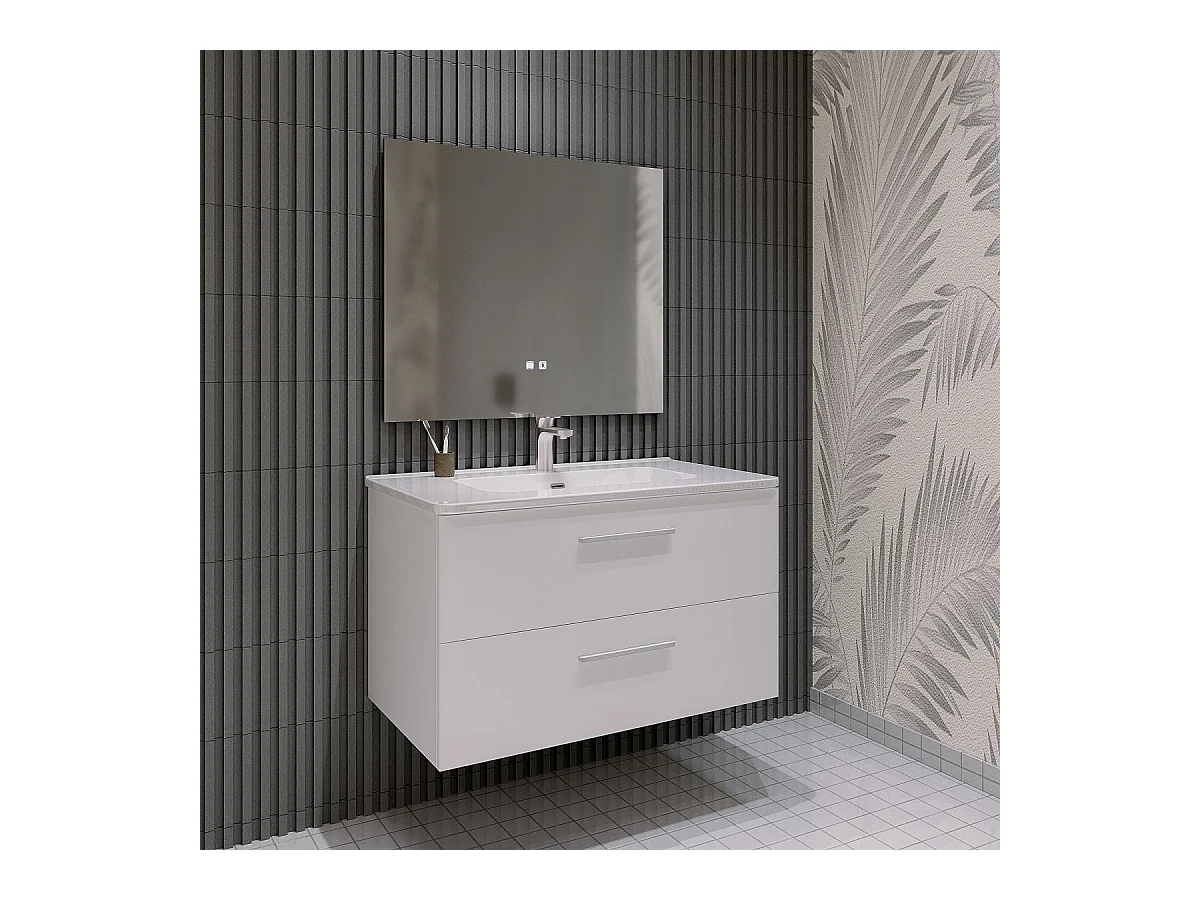 Mobile bagno sospeso da 80 cm Bianco con lavabo in ceramica - Linda