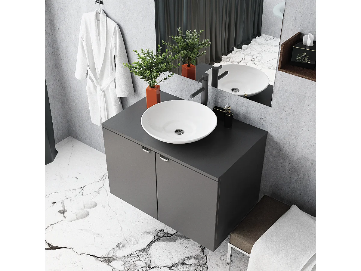 Mobile Bagno 80 cm sospeso con lavabo in ceramica, specchio e Luce LED Grigio Rosy BADEN HAUS