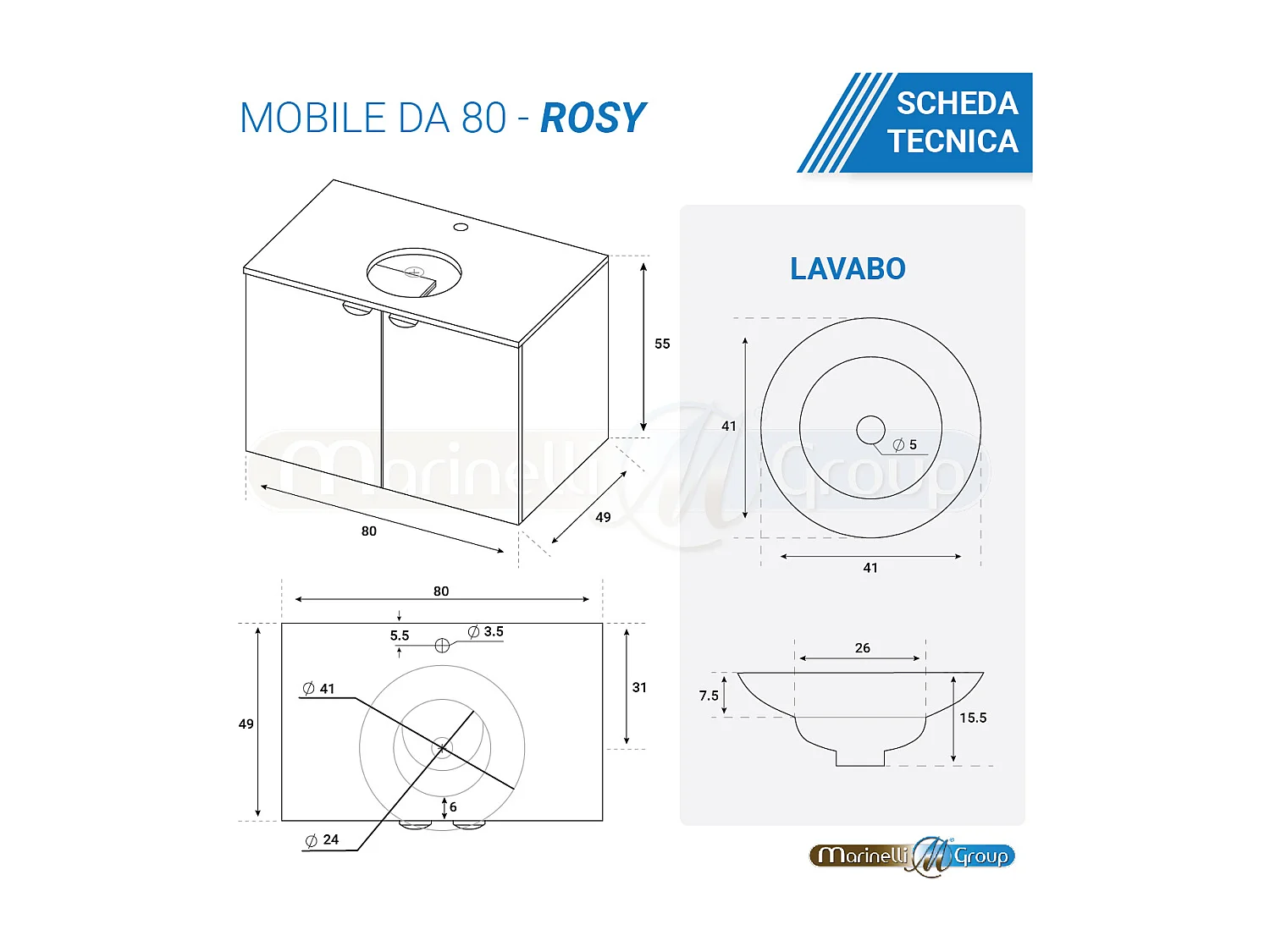 Mobile Bagno 80 cm sospeso con lavabo in ceramica, specchio e Luce LED Grigio Rosy BADEN HAUS