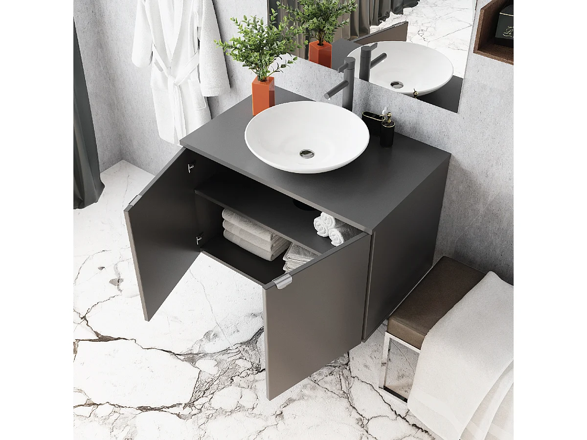 Mobile Bagno 80 cm sospeso con lavabo in ceramica, specchio e Luce LED Grigio Rosy BADEN HAUS