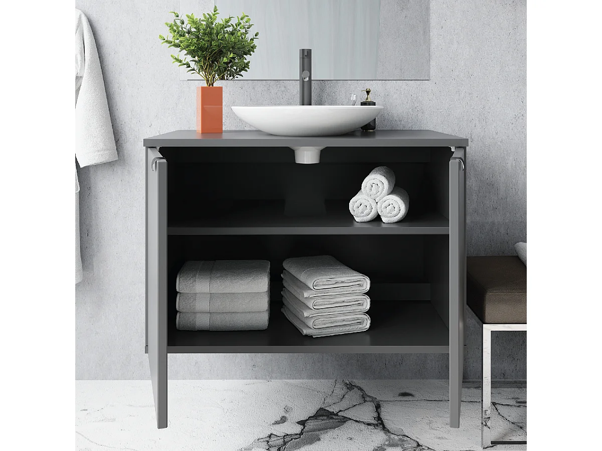Mobile Bagno 80 cm sospeso con lavabo in ceramica, specchio e Luce LED Grigio Rosy BADEN HAUS