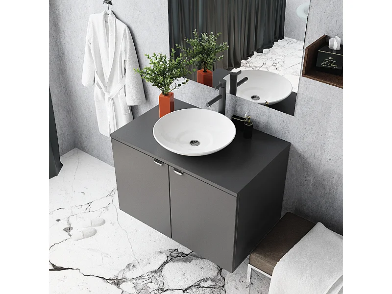 Mobile Bagno 80 cm sospeso con lavabo in ceramica, specchio e Luce LED Grigio Rosy BADEN HAUS