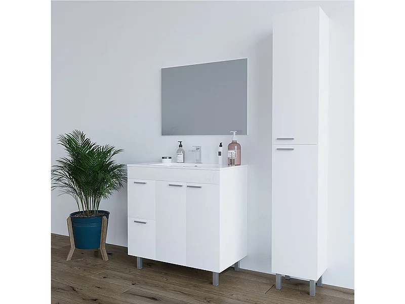 Mobile Bagno moderno da 80 cm con lavabo in ceramica, specchio e colonna - 305450BO