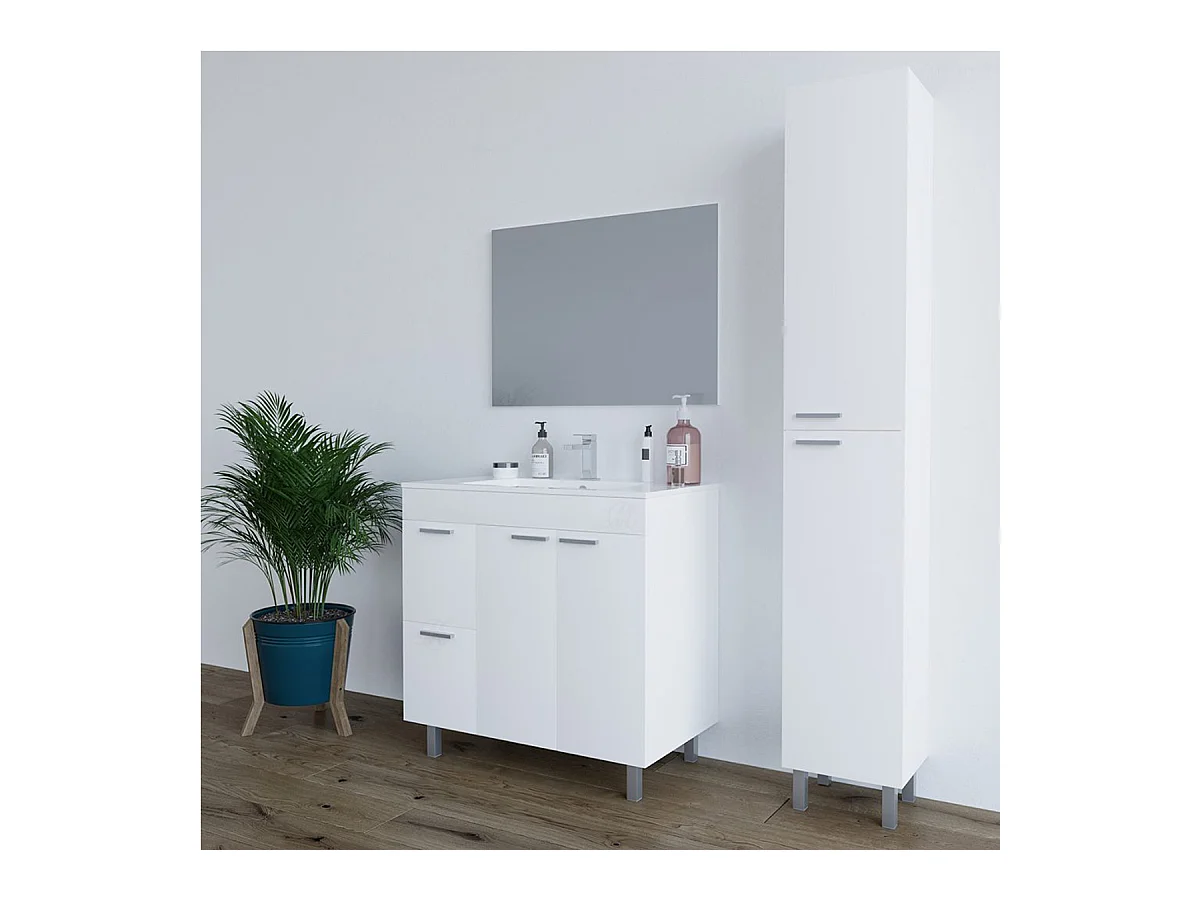 Mobile Bagno moderno da 80 cm con lavabo in ceramica, specchio e colonna - 305450BO