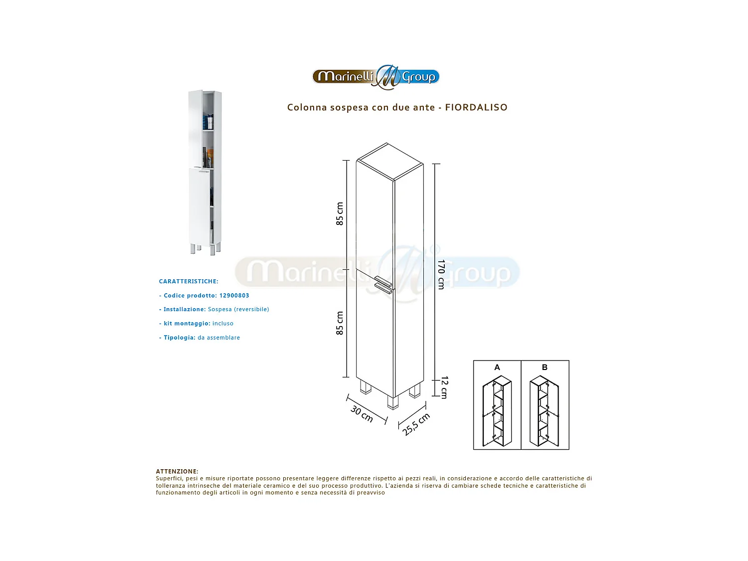 Mobile Bagno moderno da 80 cm con lavabo in ceramica, specchio e colonna - 305450BO