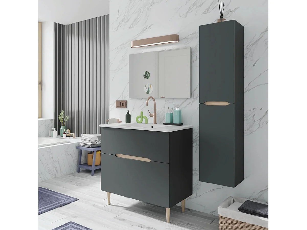 Mobile bagno da 80 cm a terra grigio antracite con 2 cassettoni e colonna 305401Z 305405Z