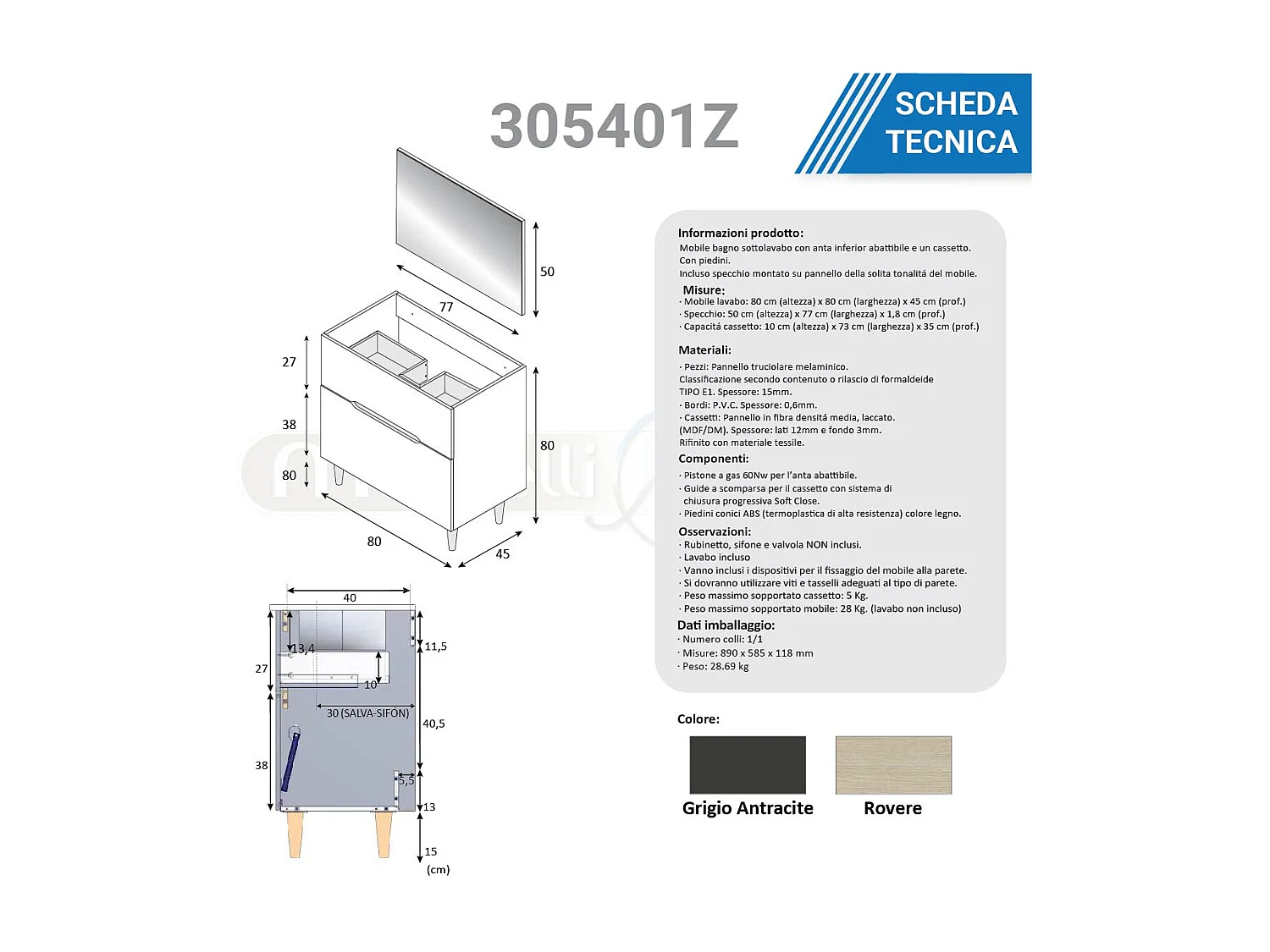 Mobile bagno da 80 cm a terra grigio antracite con 2 cassettoni e colonna 305401Z 305405Z