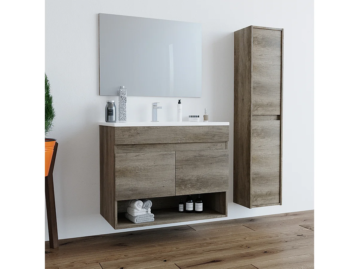 Mobile Bagno sospeso da 80 Cm con Lavabo in ceramica, colonna e Specchio - 305110H