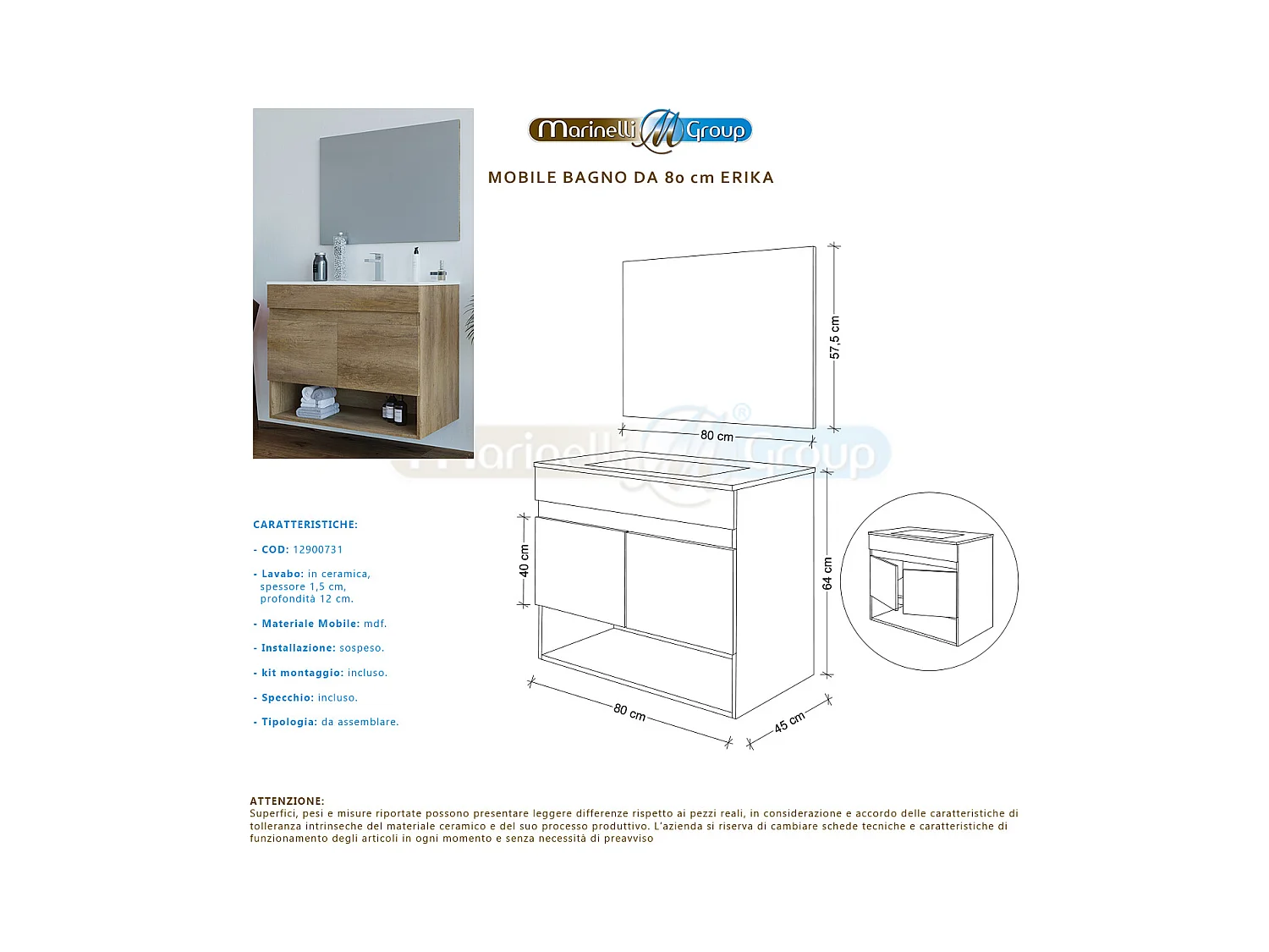 Mobile Bagno sospeso da 80 Cm con Lavabo in ceramica, colonna e Specchio - 305110H