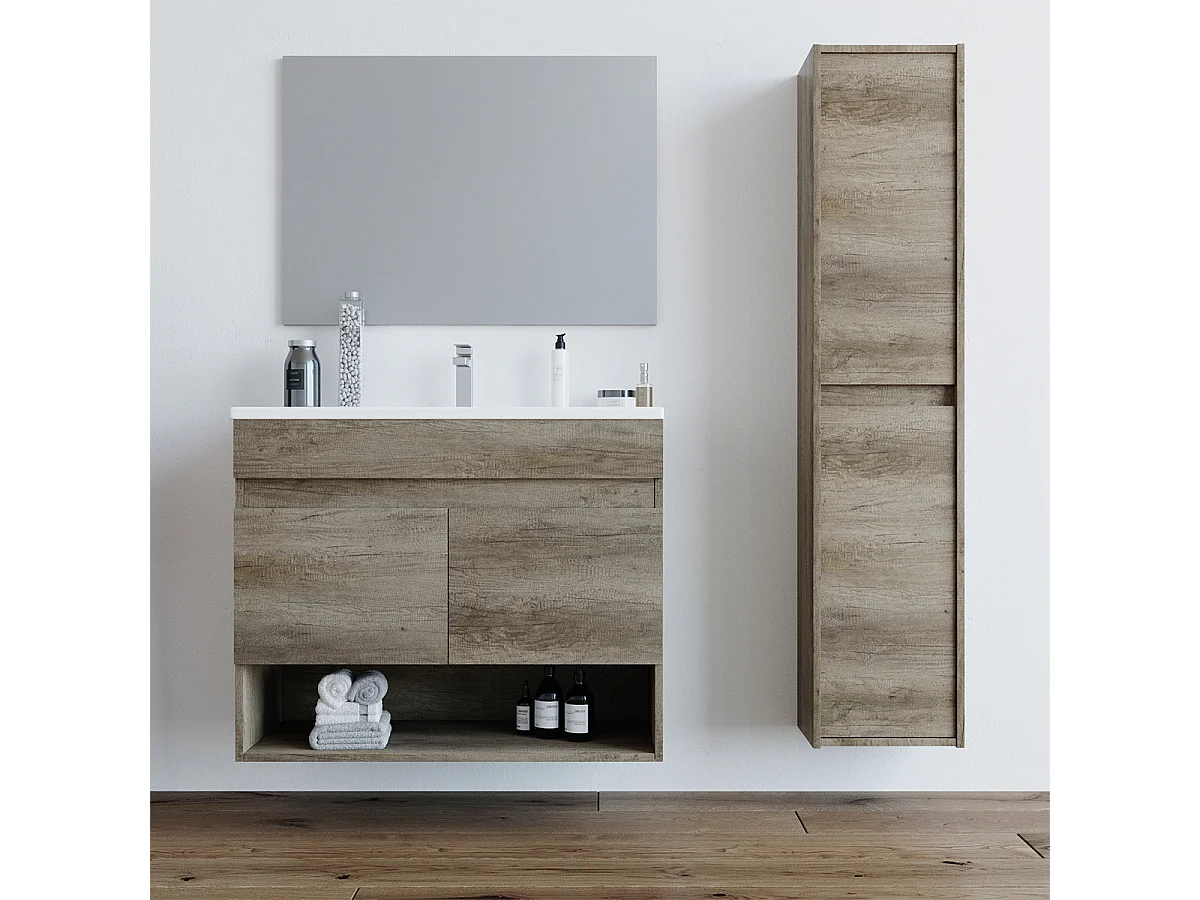 Mobile Bagno sospeso da 80 Cm con Lavabo in ceramica, colonna e Specchio - 305110H