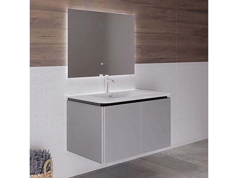Mobile bagno sospeso da 90 cm lavabo in resina con 2 cassettoni grigio Sky