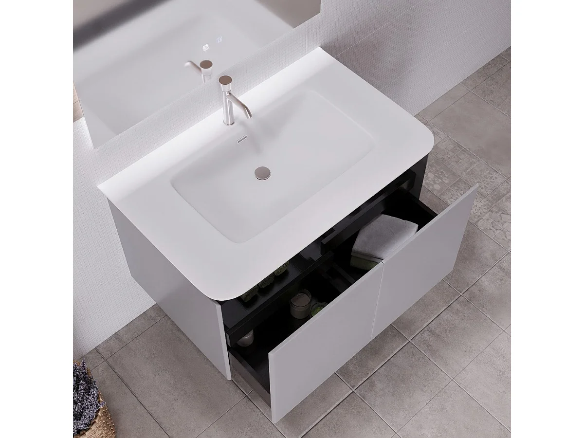 Mobile bagno sospeso da 90 cm lavabo in resina con 2 cassettoni grigio Sky