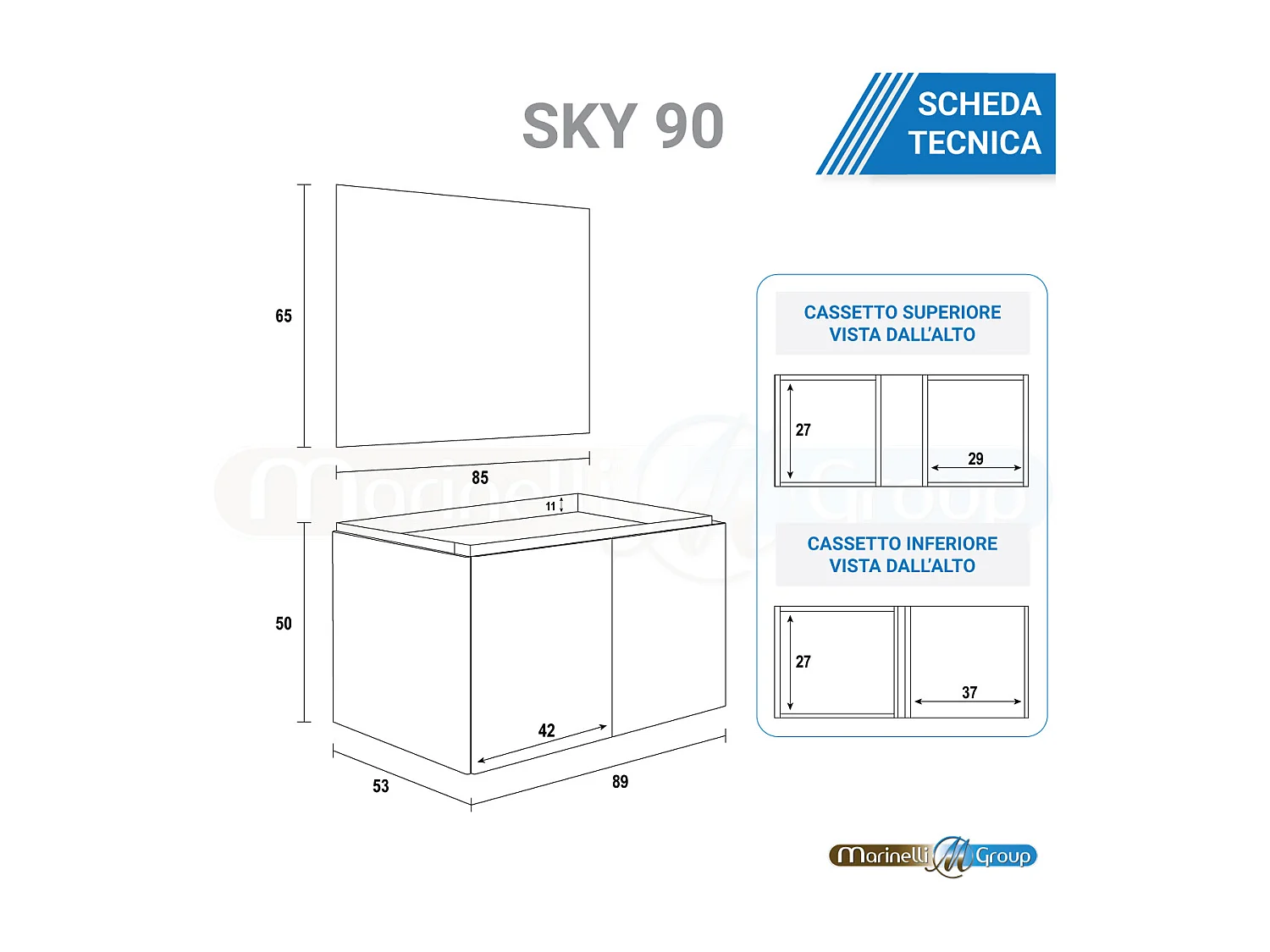 Mobile bagno sospeso da 90 cm lavabo in resina con 2 cassettoni grigio Sky