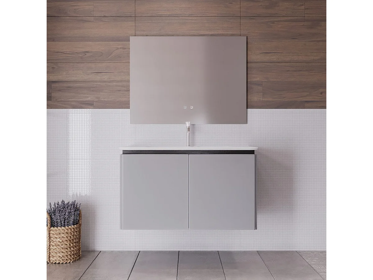 Mobile bagno sospeso da 90 cm lavabo in resina con 2 cassettoni grigio Sky