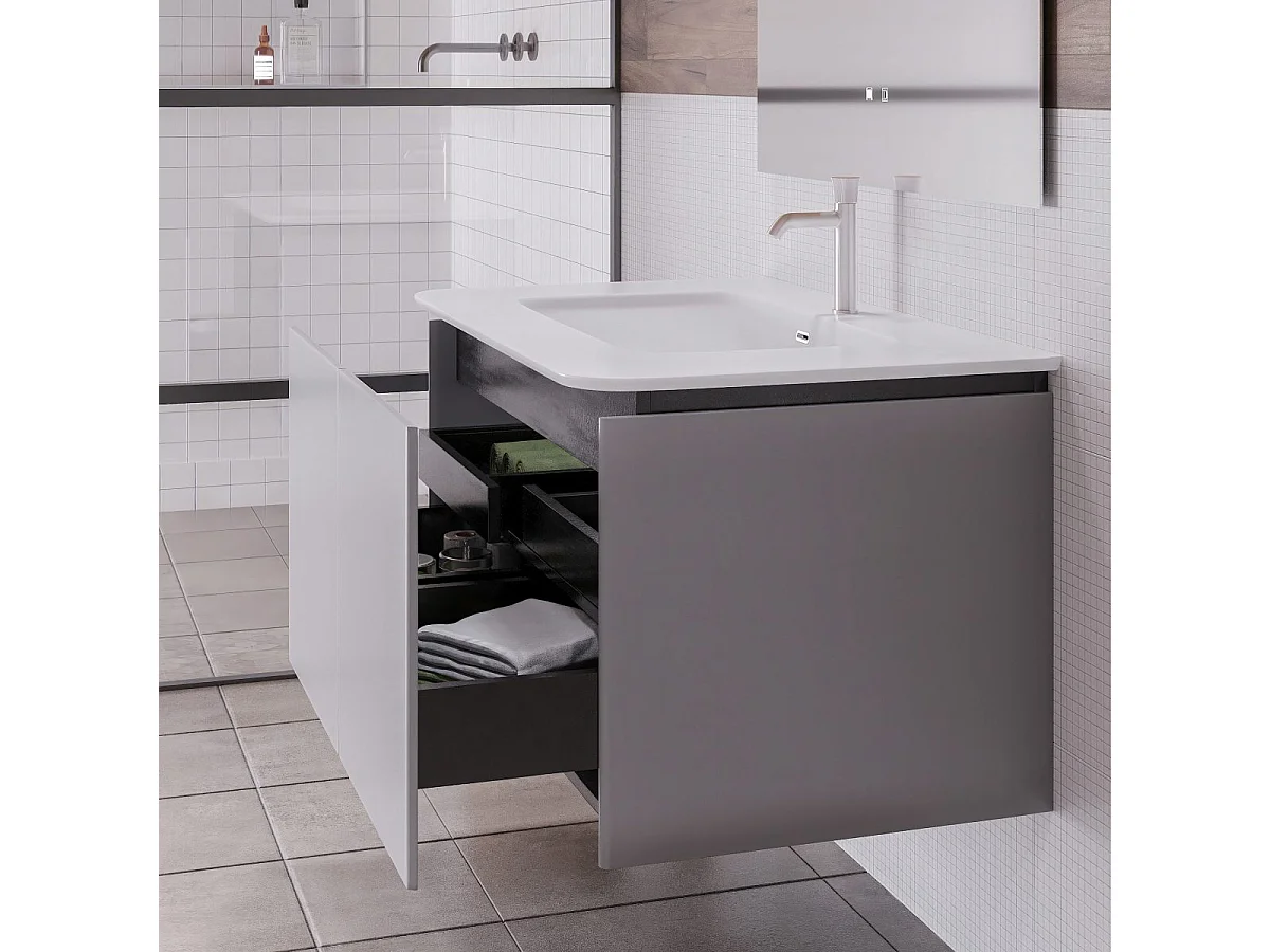 Mobile bagno sospeso da 90 cm lavabo in resina con 2 cassettoni grigio Sky