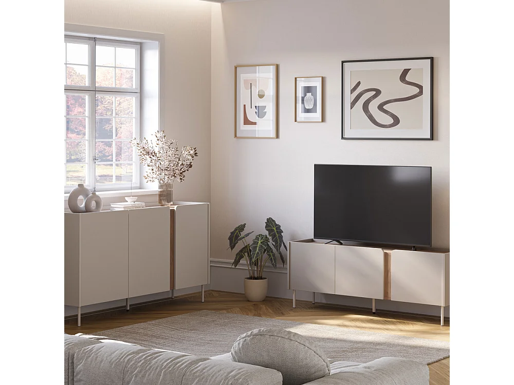 Boxy - Meuble TV 3 portes en bois et métal L140cm - Beige