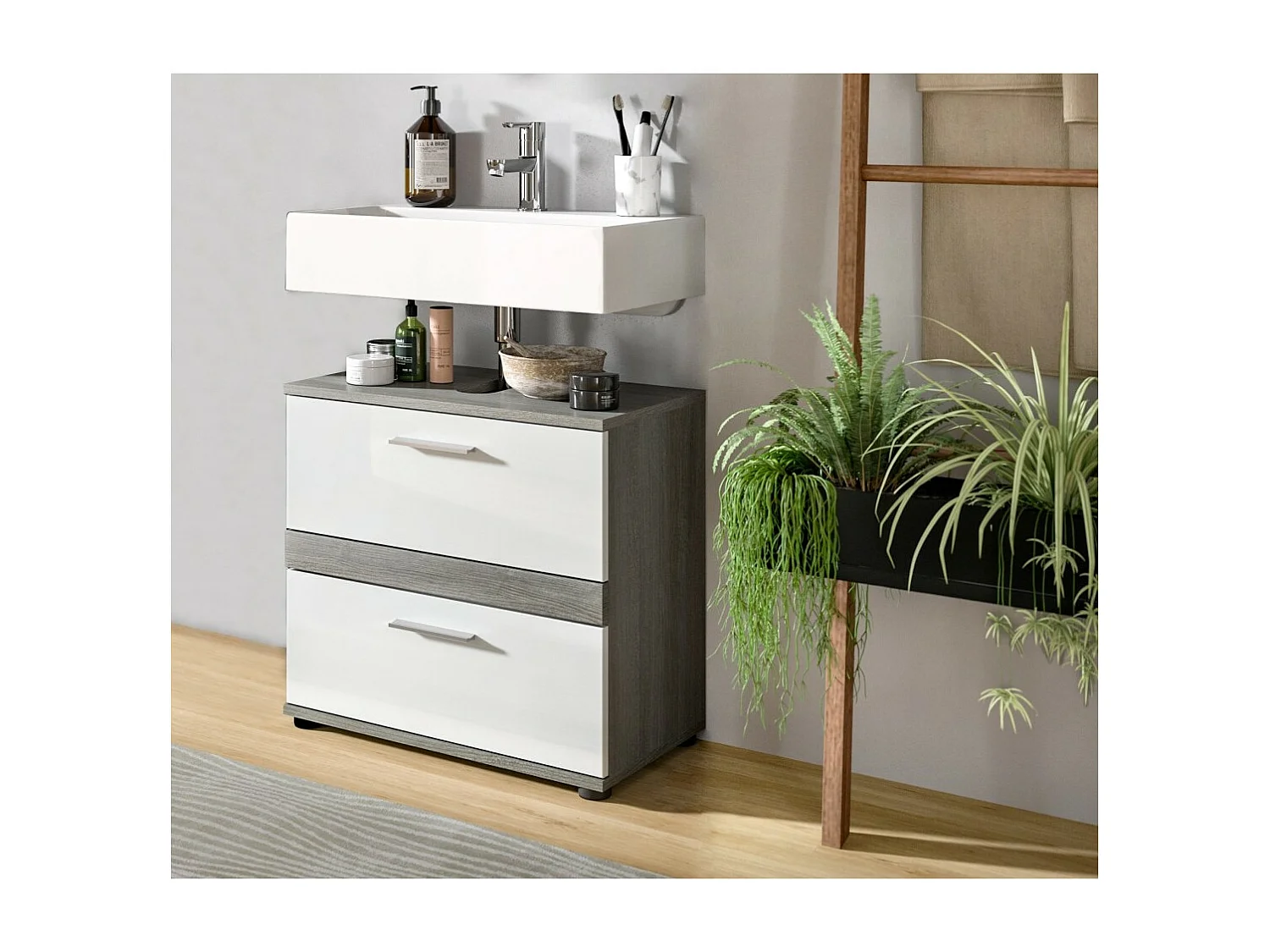 Meubel onder wastafel WILLIAM - Donkergrijs en wit - 60x57x34 cm - 2 laden