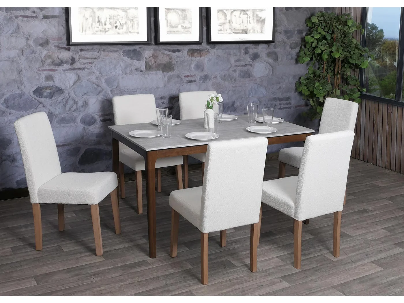 Chaise de salle à manger Littau Bouclé (lot de 2),  crème, pieds couleur naturelle