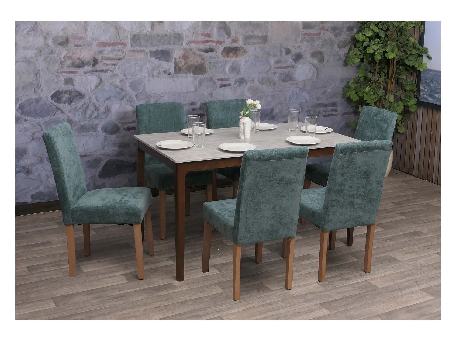 Eetkamerstoel Littau Chenille (set van 6),  groen, naturelkleurige poten