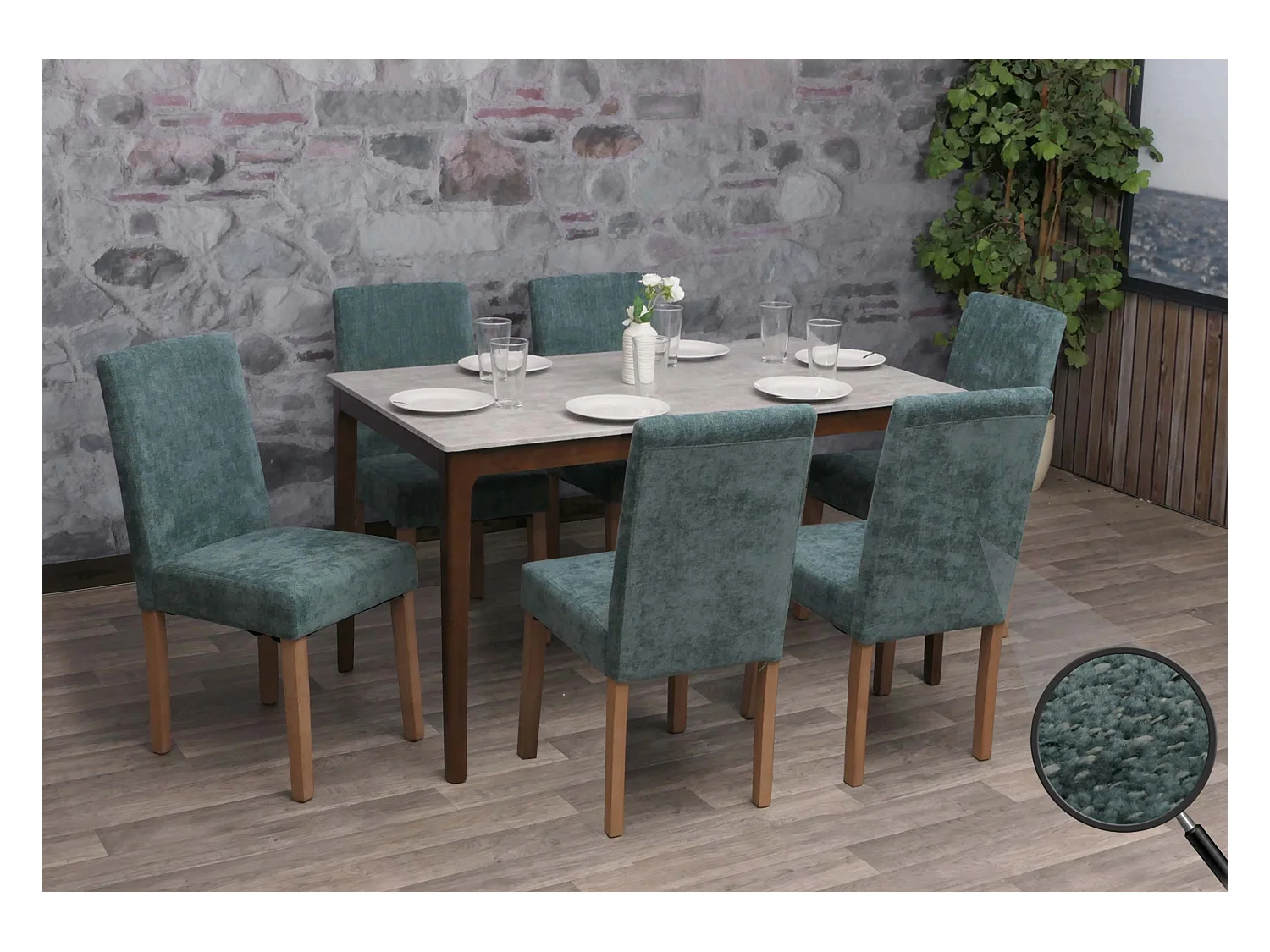 Eetkamerstoel Littau Chenille (set van 6),  groen, naturelkleurige poten