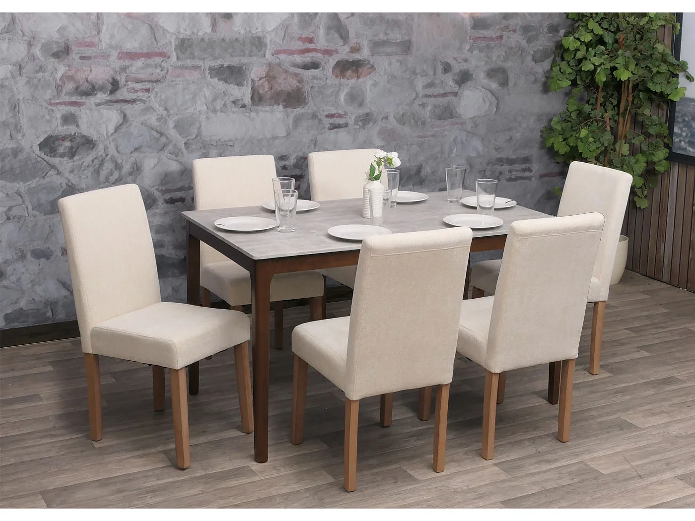 Silla de comedor Littau de chenilla (juego de 6),  crema, patas color natural