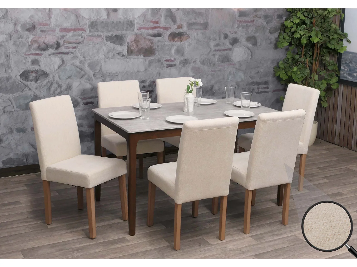 Silla de comedor Littau de chenilla (juego de 6),  crema, patas color natural