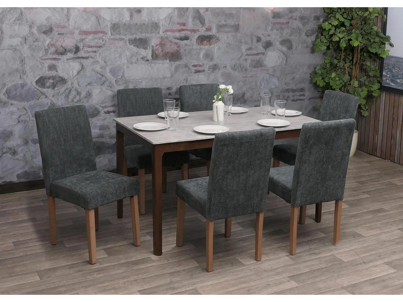 Silla de comedor Littau de chenilla (juego de 6),  gris oscuro, patas color natural