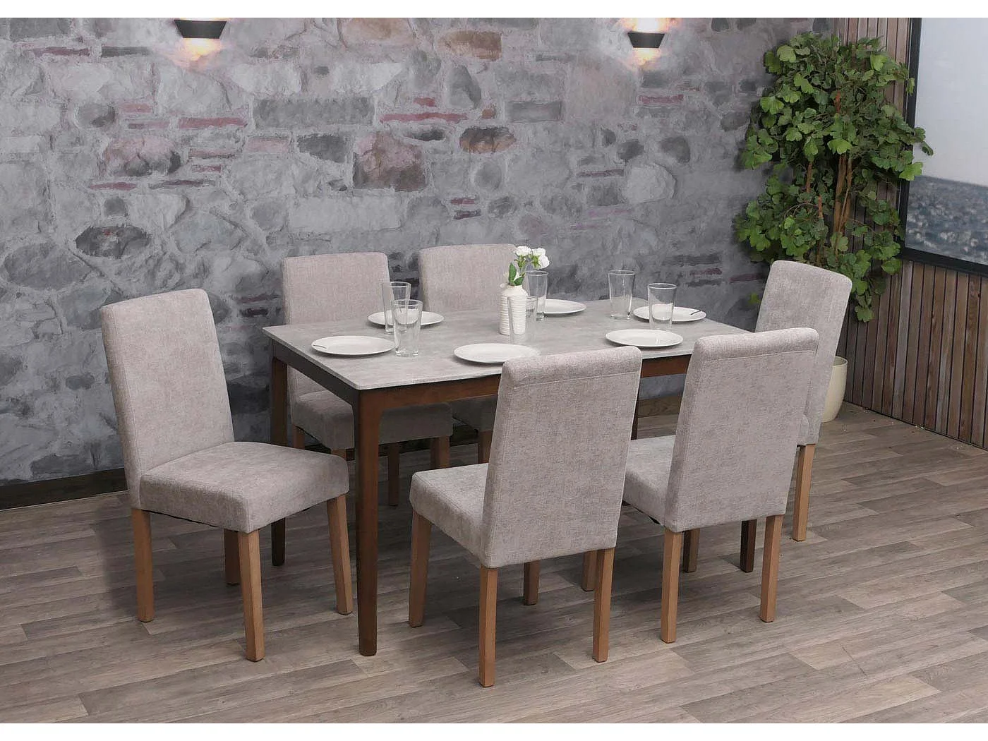 Cadeira de jantar Littau chenille (conjunto de 6),  cinzento claro, pernas de cor natural