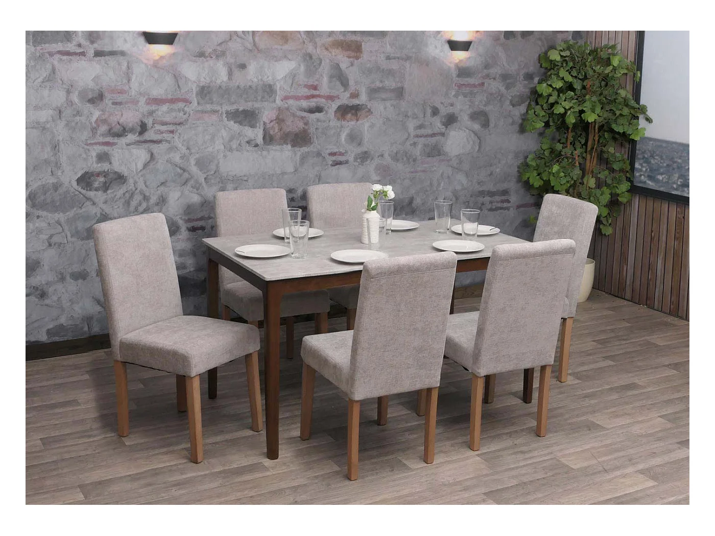 Silla de comedor Littau de chenilla (juego de 6),  gris claro, patas color natural