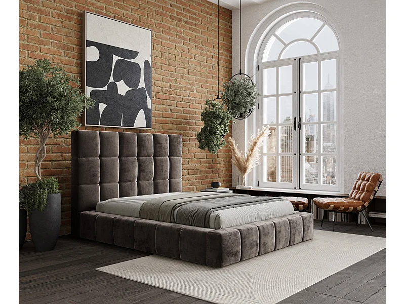 Lit coffre Kendal Tres - 200 x 200 cm - chenille - brun