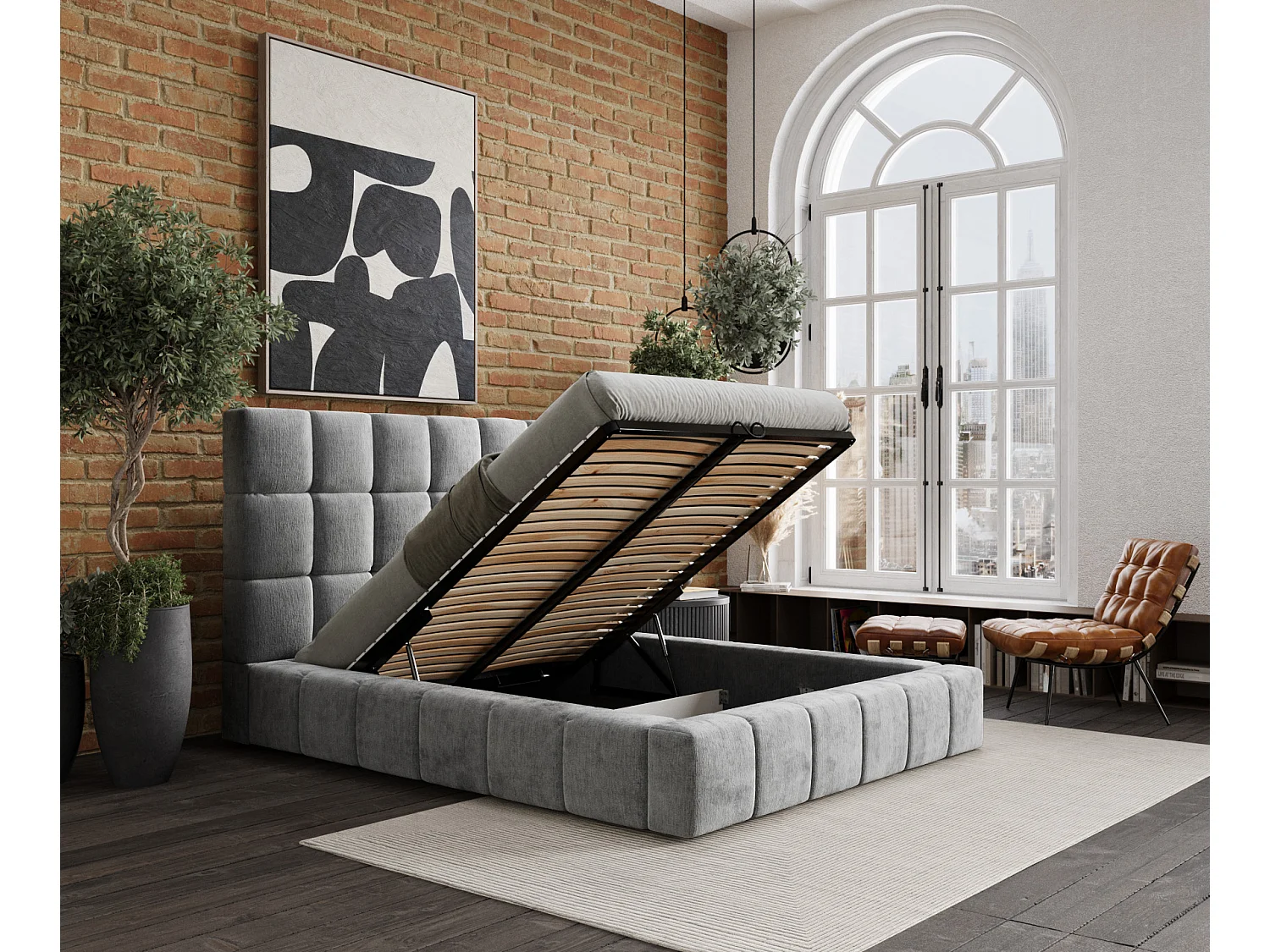 Lit coffre Kendal Tres - 200 x 200 cm - chenille - gris clair