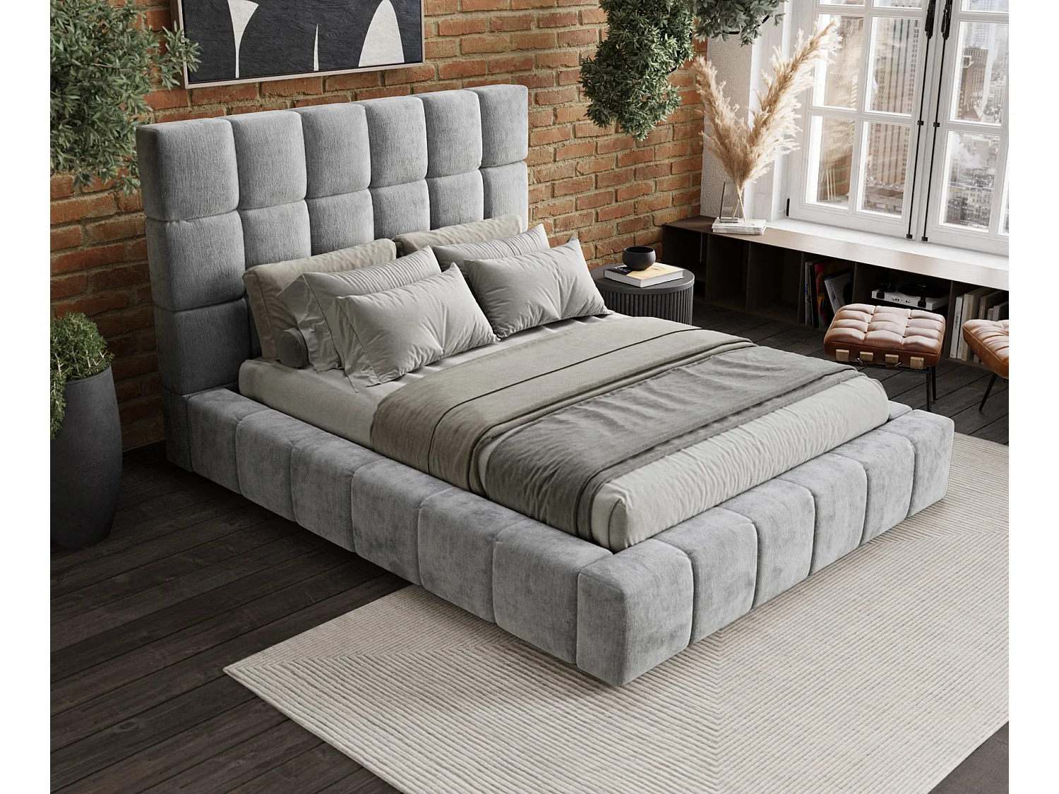 Lit coffre Kendal Tres - 200 x 200 cm - chenille - gris clair