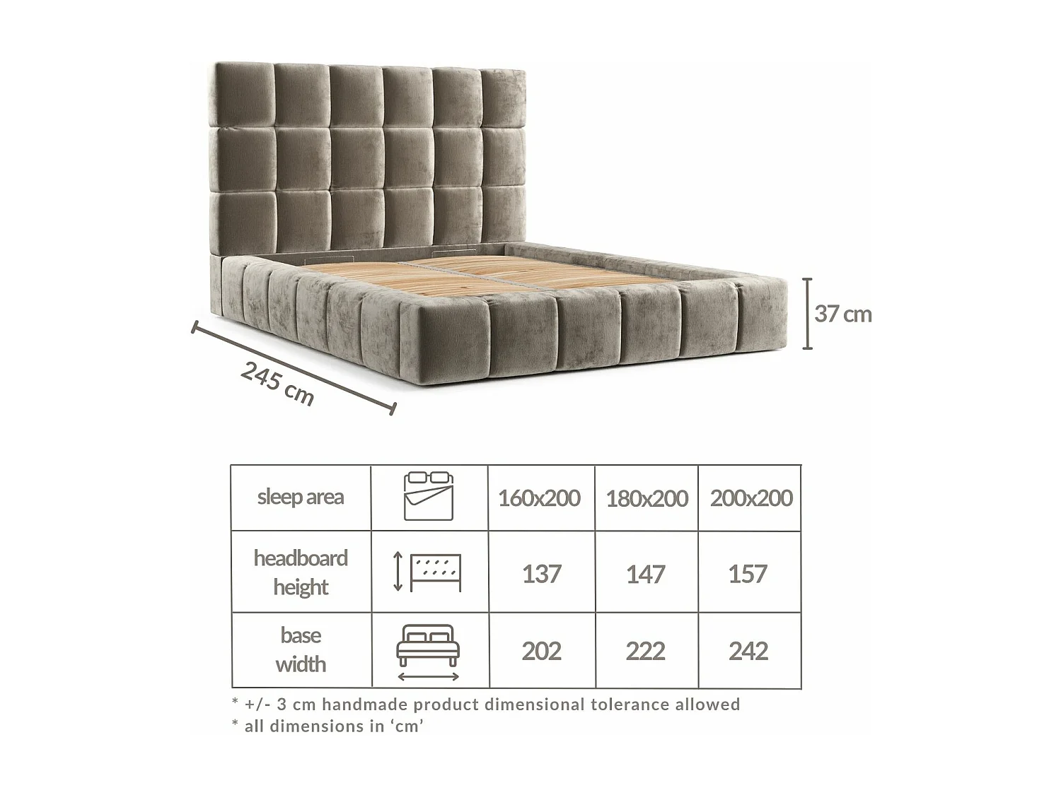Lit coffre Kendal Tres - 200 x 200 cm - chenille - gris clair