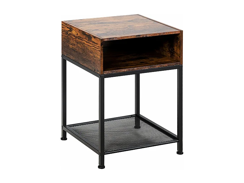 Mesita de noche industrial con 1 estante y 1 compartimento abierto marrón+negro 20_0009399