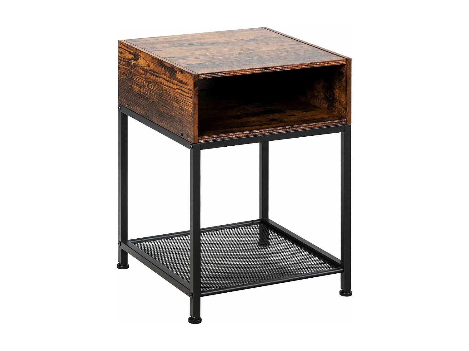 Mesita de noche industrial con 1 estante y 1 compartimento abierto marrón+negro 20_0009399