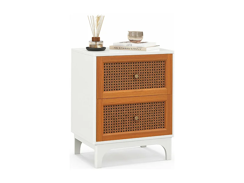 Mesa de cabeceira de vime natural mesa lateral boêmia com 2 gavetas decorada em mesa de cabeceira de vime tecido à mão com pernas brancas 20_0009398