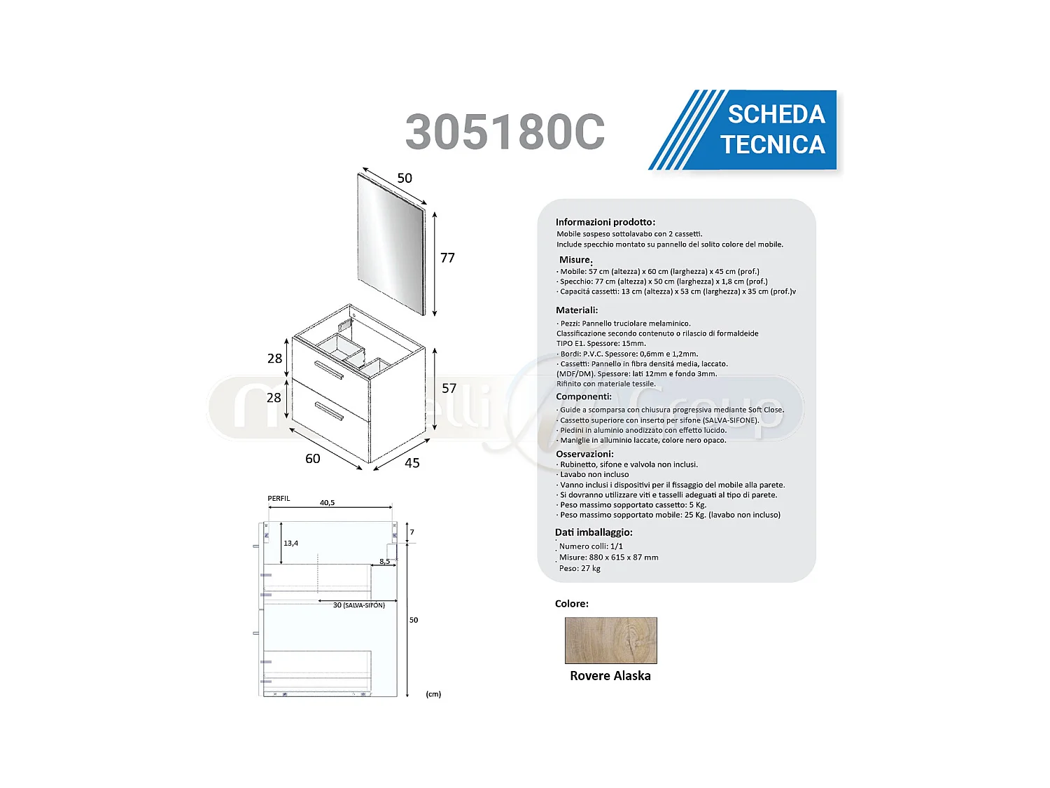 Mobile Bagno 60 cm sospeso con lavabo in ceramica e specchio con cassetti ROVERE Altea