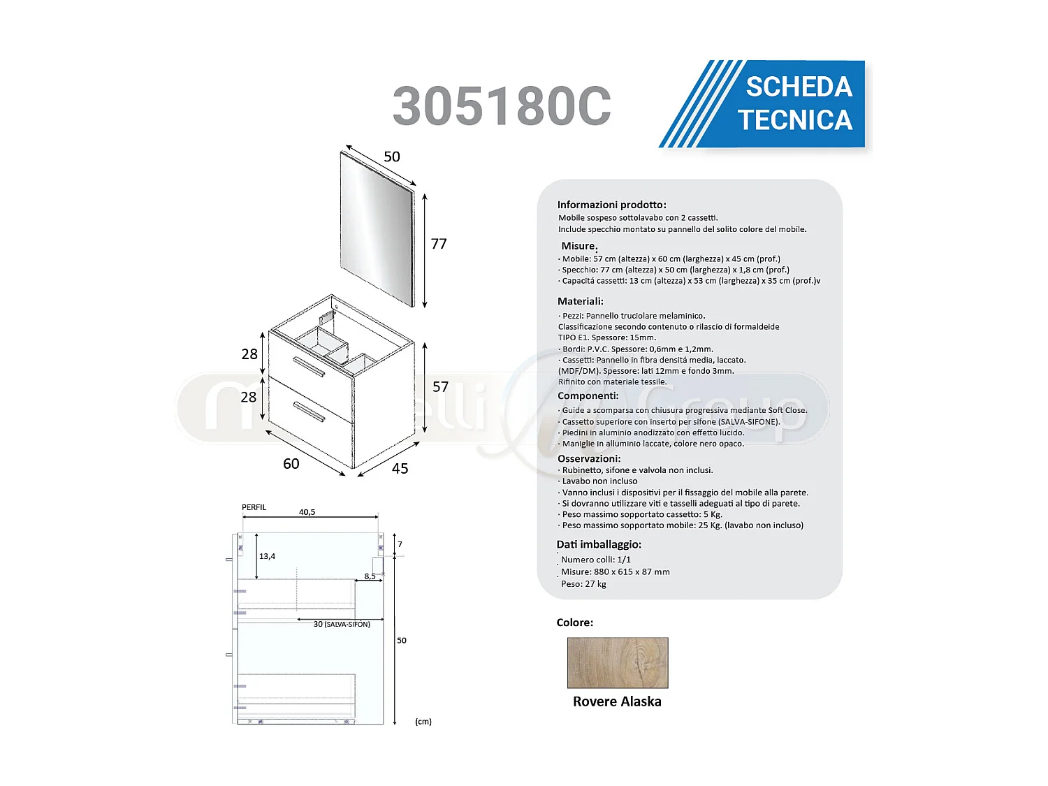Mobile Bagno 60 cm sospeso con lavabo in ceramica e specchio con cassetti ROVERE Altea