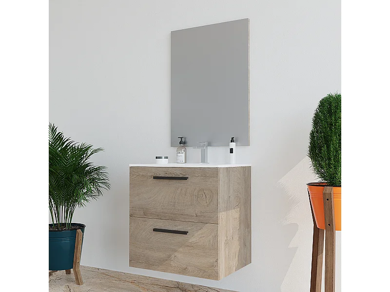 Mobile Bagno 60 cm sospeso con lavabo in ceramica e specchio con cassetti ROVERE Altea