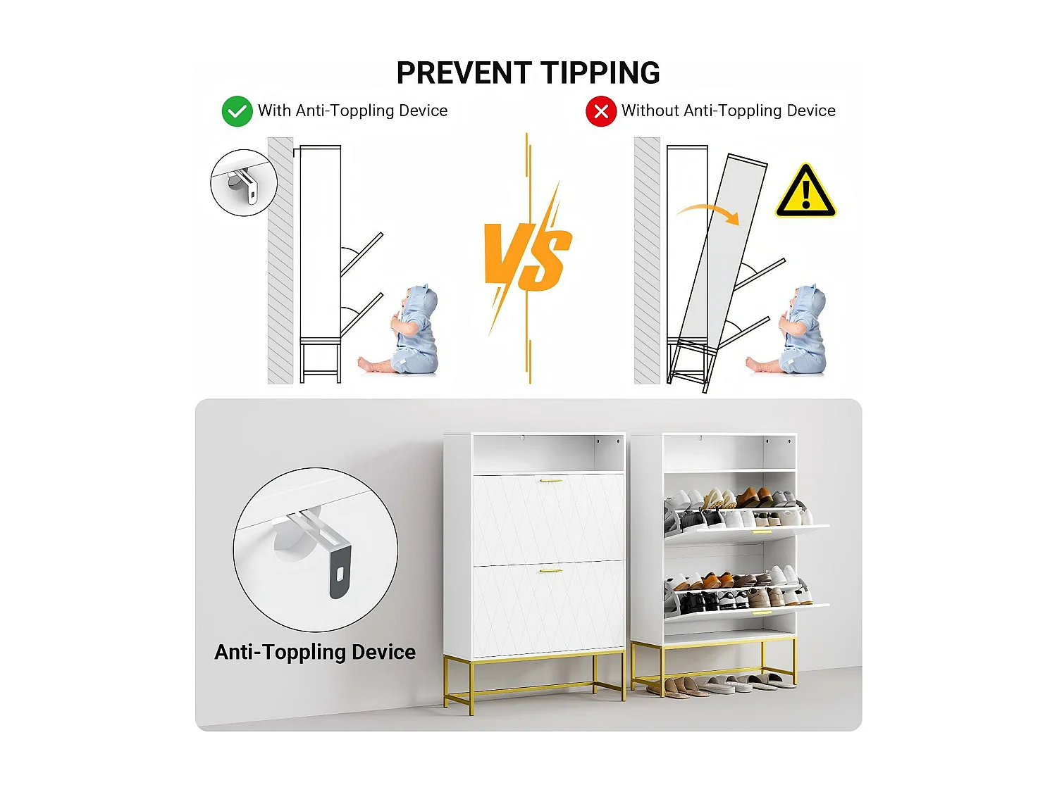 Meuble à chaussures, avec 2 portes abattants et 1 étagère ouverte, conception anti-inclinaison, Blanc, 80x24x117CM