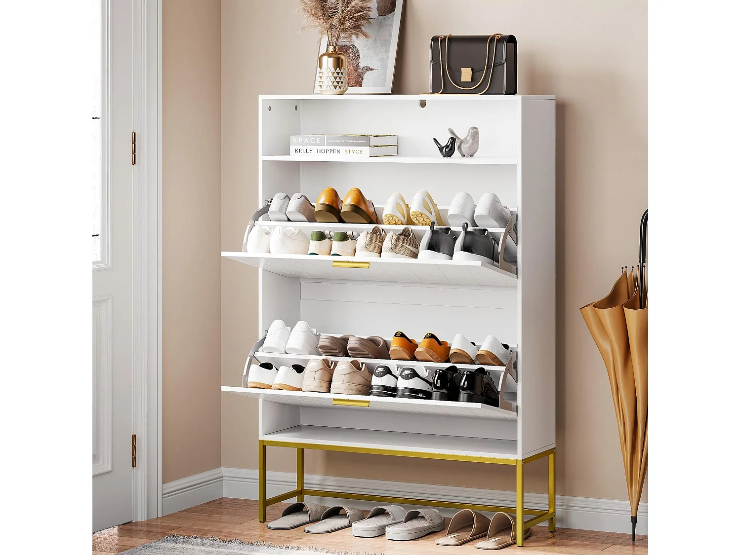 Meuble à chaussures, avec 2 portes abattants et 1 étagère ouverte, conception anti-inclinaison, Blanc, 80x24x117CM