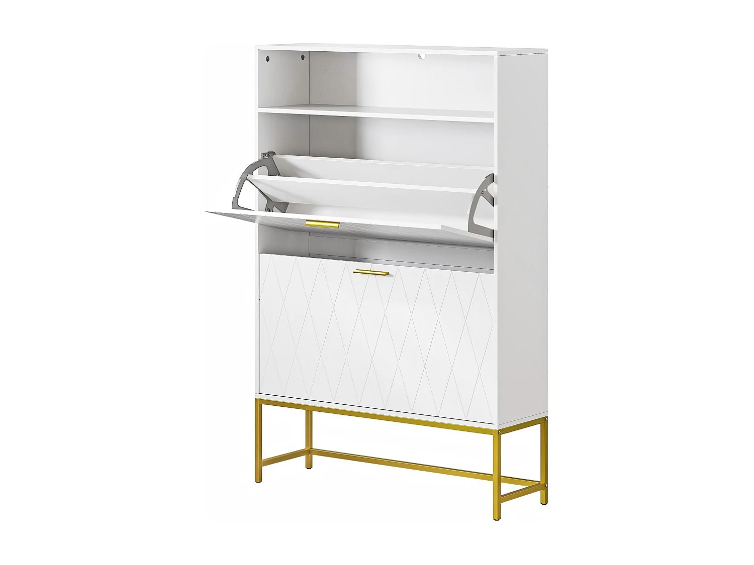 Meuble à chaussures, avec 2 portes abattants et 1 étagère ouverte, conception anti-inclinaison, Blanc, 80x24x117CM