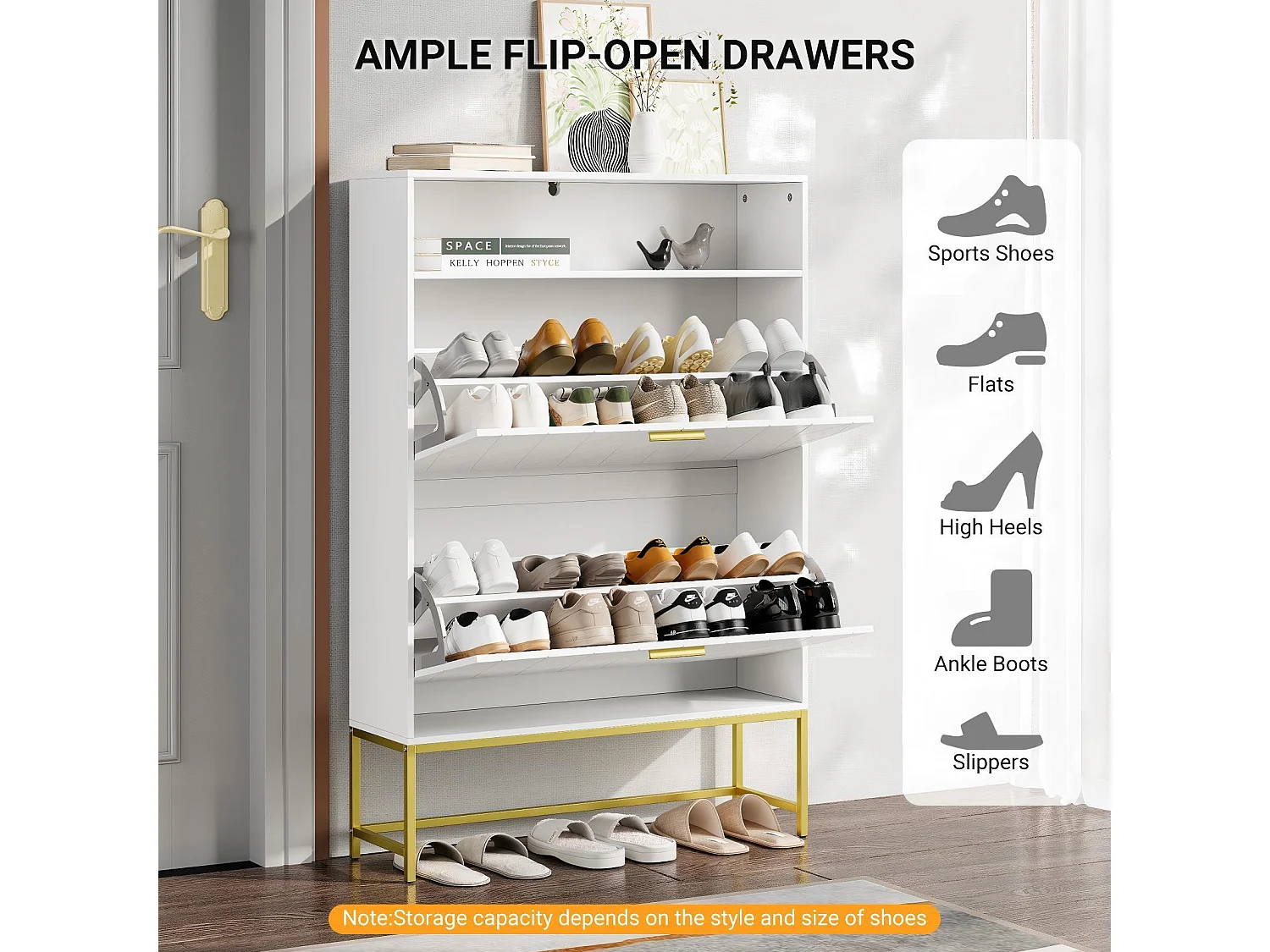 Meuble à chaussures, avec 2 portes abattants et 1 étagère ouverte, conception anti-inclinaison, Blanc, 80x24x117CM