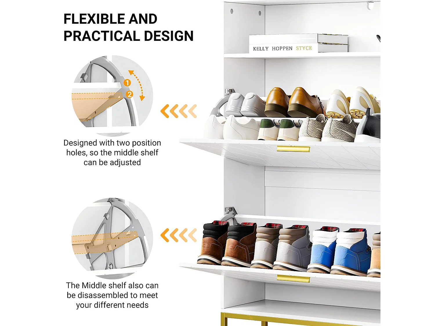 Meuble à chaussures, avec 2 portes abattants et 1 étagère ouverte, conception anti-inclinaison, Blanc, 80x24x117CM