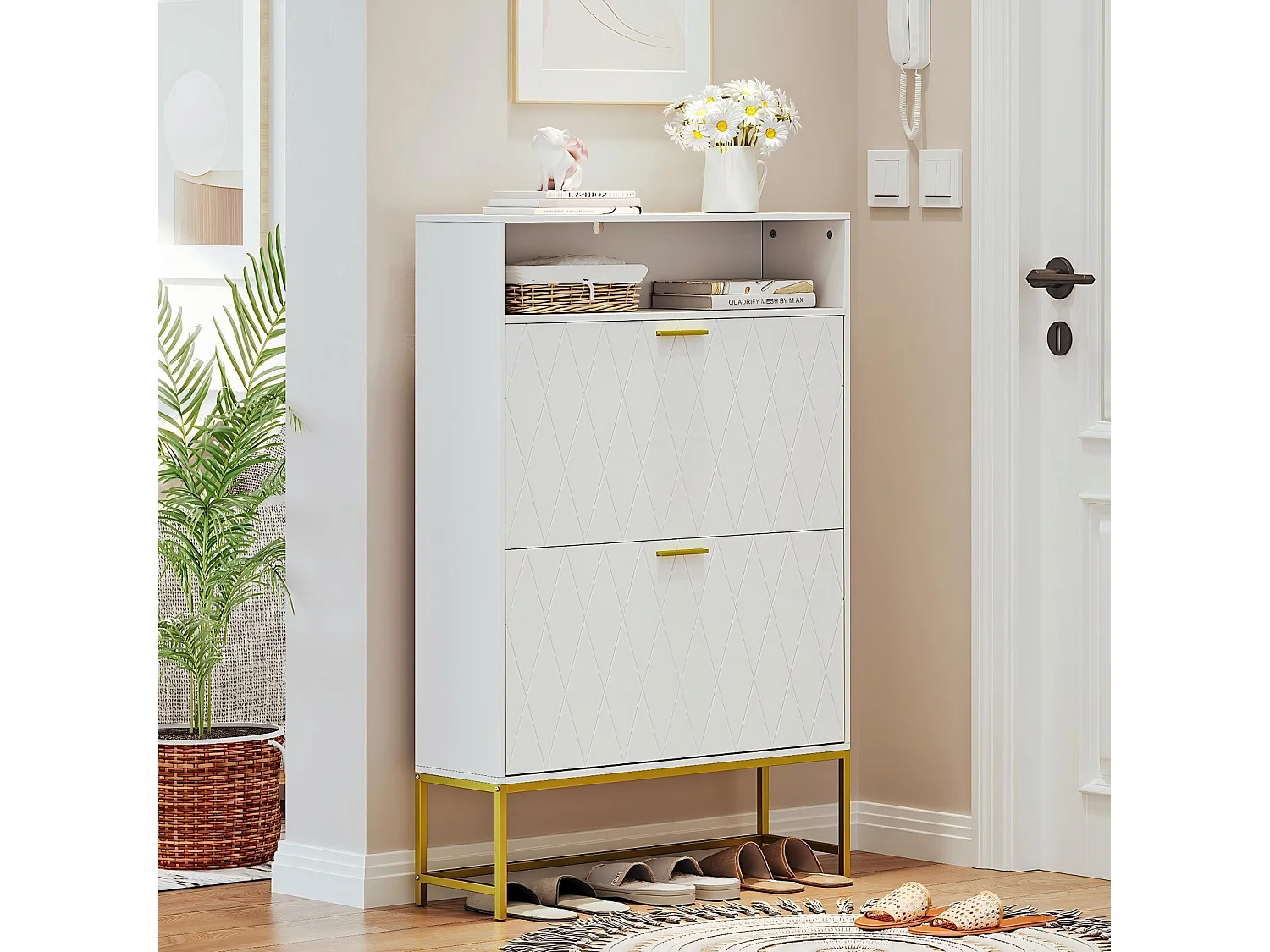 Meuble à chaussures, avec 2 portes abattants et 1 étagère ouverte, conception anti-inclinaison, Blanc, 80x24x117CM